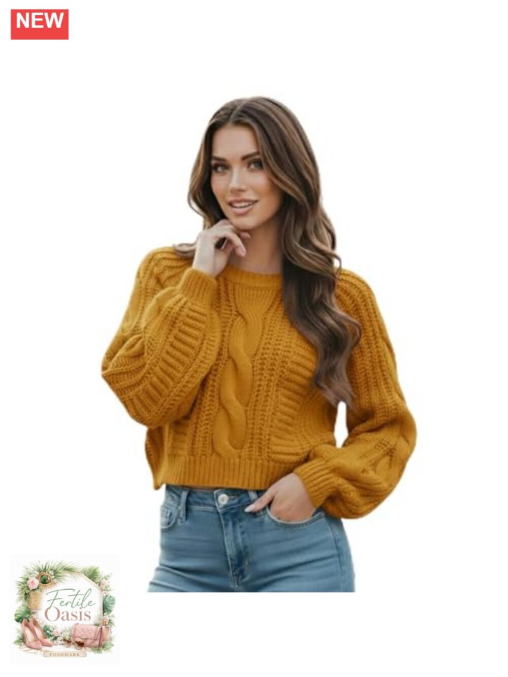 Women's Cropped Cable Knit Acrylic Sweater Long Sleeve Crew Neck Pullover